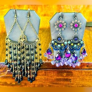 2 pairs Fancy Drop Earrings with Beads / Gemstones - Costume Jewelry